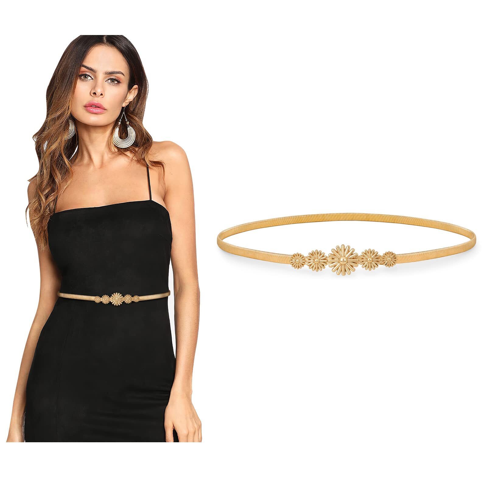 5644 Women Metal Skinny Belt For Dress Gold Elastic Thin Waist Stretch